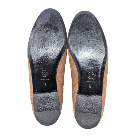 Chanel Interlocking CC Leather Tan Brown Quilted Bow Cap Toe Ballet Flat Size 39 - Picture 9 of 11